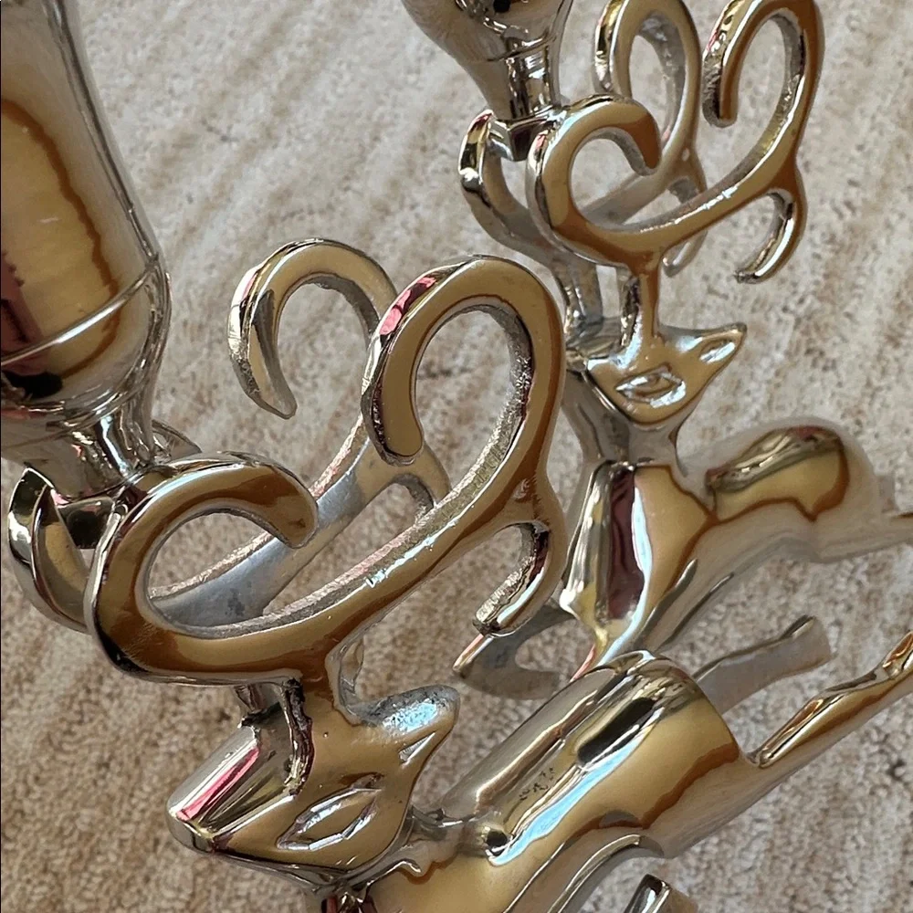 Like New: Christmas Chrome Silver Reindeer Candle Holder Trio Mantle Centerpiece